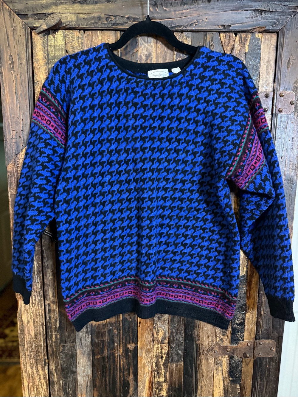 Vintage 80s Jayson Younger Wool Sweater Women M Houndstooth Blue Black Fair Isle